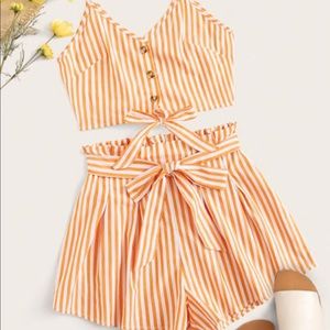 Striped Button Front Tie Top & Belted Shorts Set!